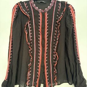 Zara Premium Denim Black Blouse with Red and White Embroidery